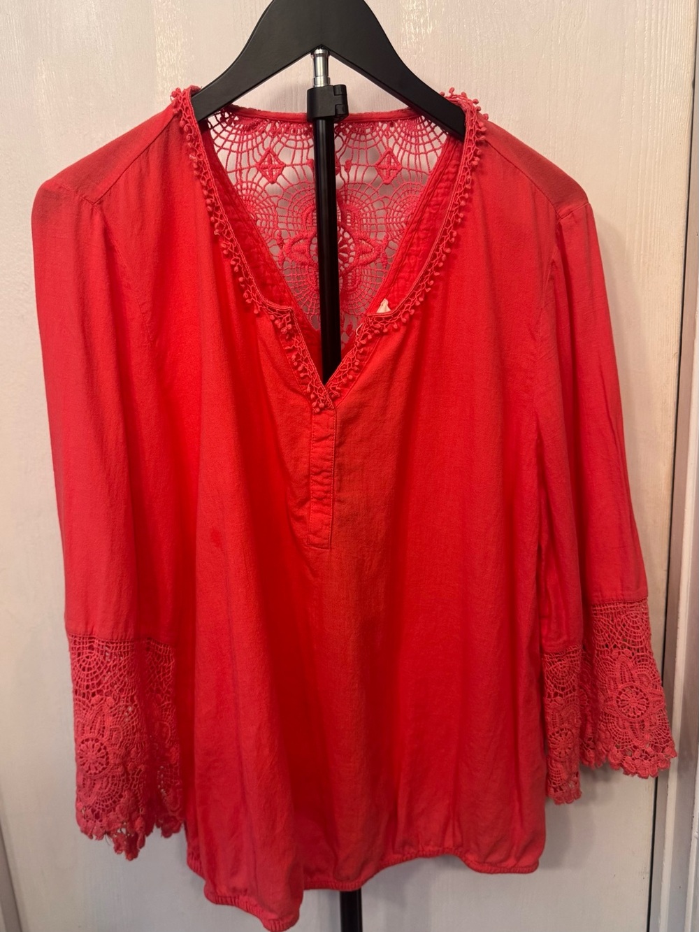 Style & Co Coral Crochet Trim V-Neck Boho Lace Trim XL Crochet Back Bell Sleeve